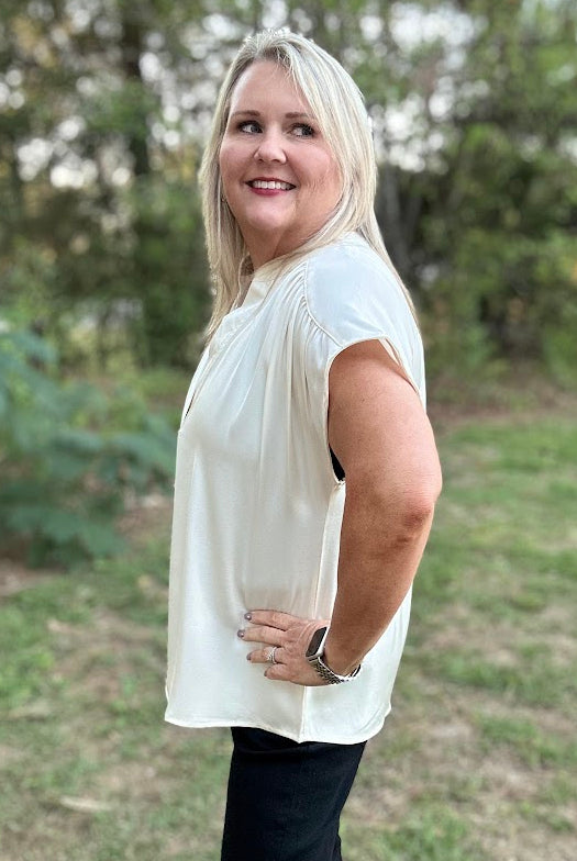 Ivory V-Neck Shirred Shoulder Blouse