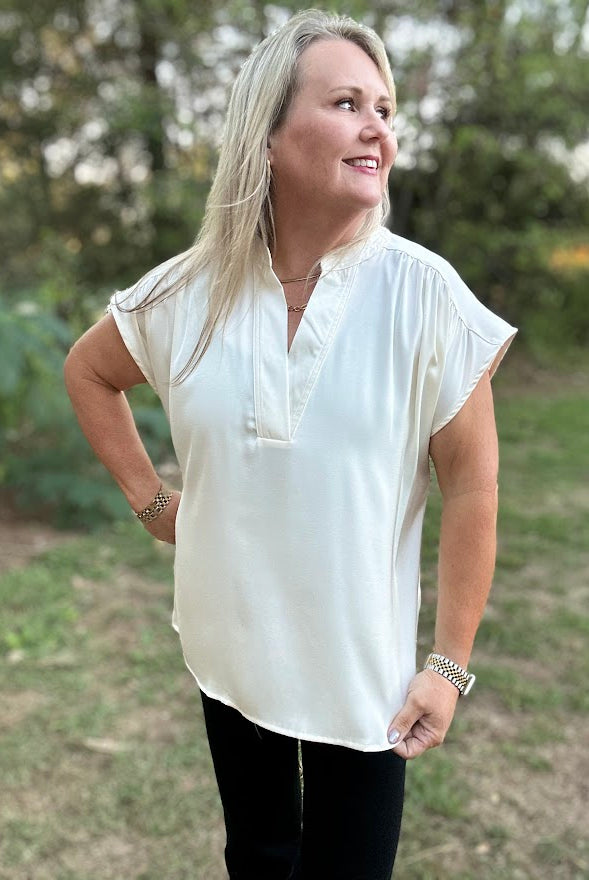 Ivory V-Neck Shirred Shoulder Blouse