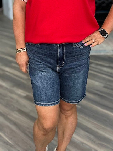 Judy Blue shorts, high rise bermuda shorts, women’s denim bermudas, stretchy jean shorts, modest length shorts, boutique denim shorts, flap pocket shorts
