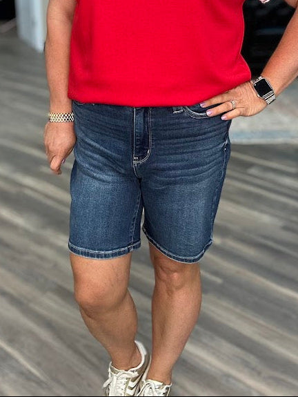 Judy Blue shorts, high rise bermuda shorts, women’s denim bermudas, stretchy jean shorts, modest length shorts, boutique denim shorts, flap pocket shorts