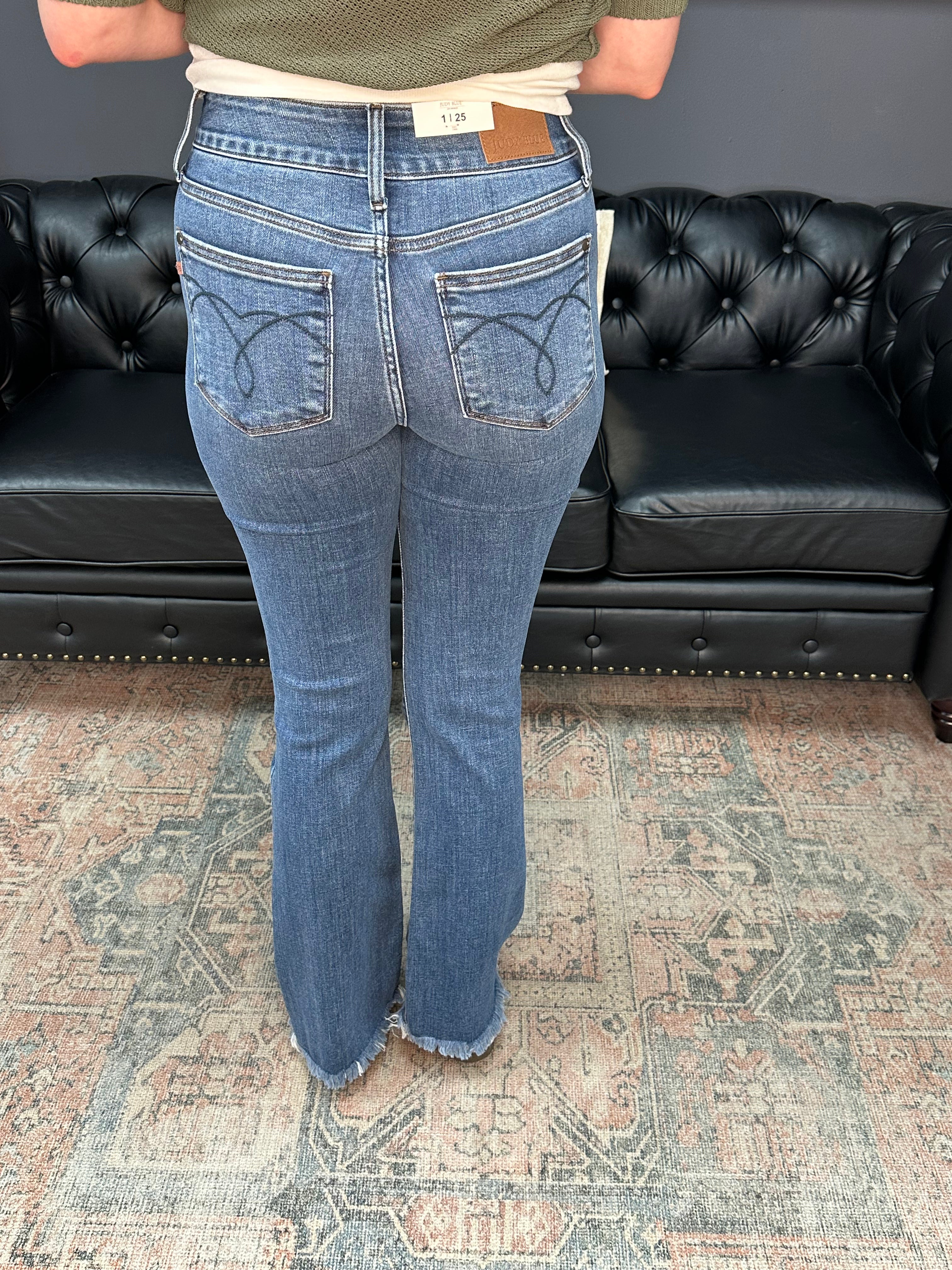 Judy Blue High-Waist Double Button Bootcut Jeans with frayed hem, back pocket stitching, and stretch denim