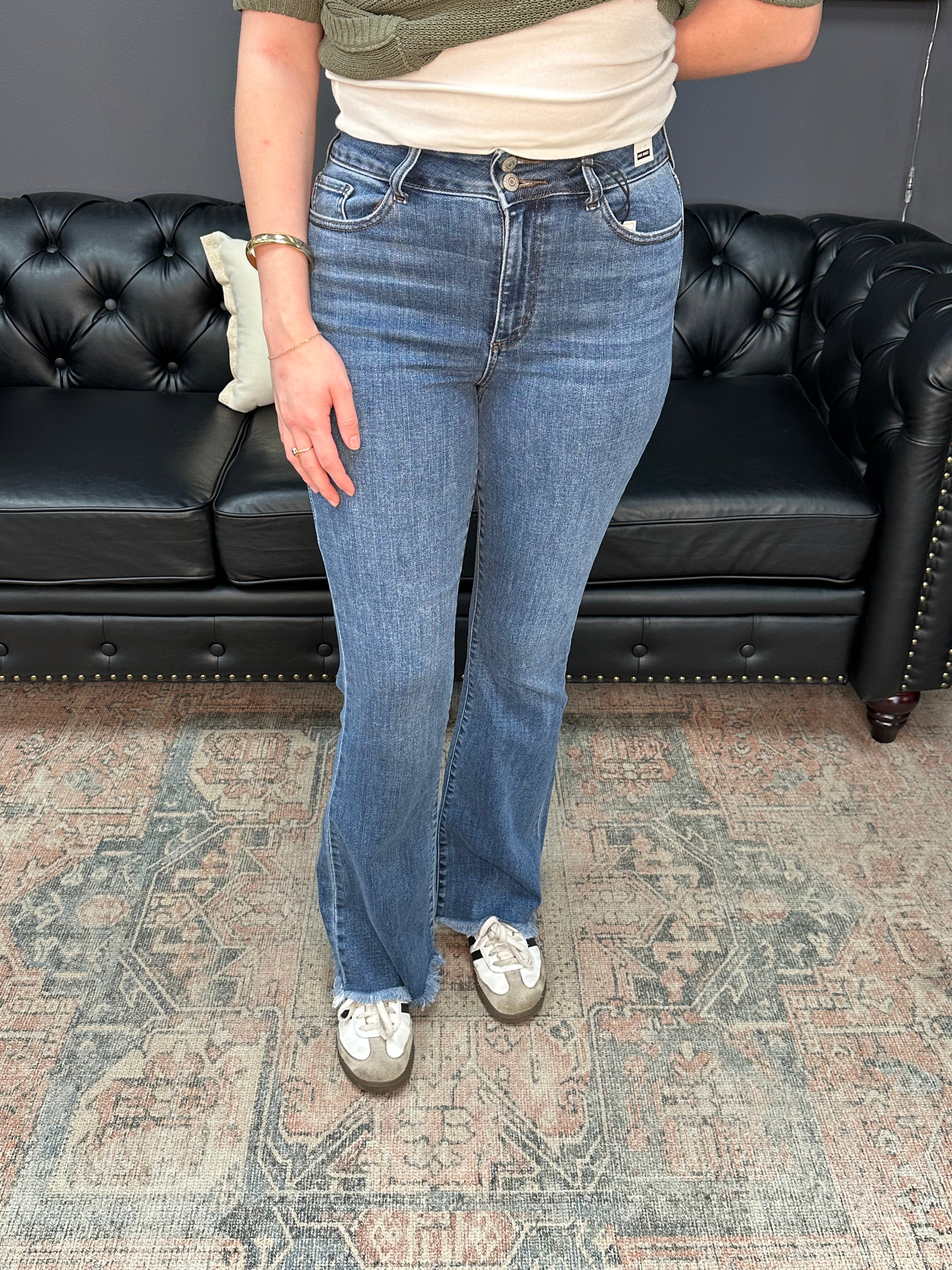Judy Blue High-Waist Double Button Bootcut Jeans with frayed hem, back pocket stitching, and stretch denim
