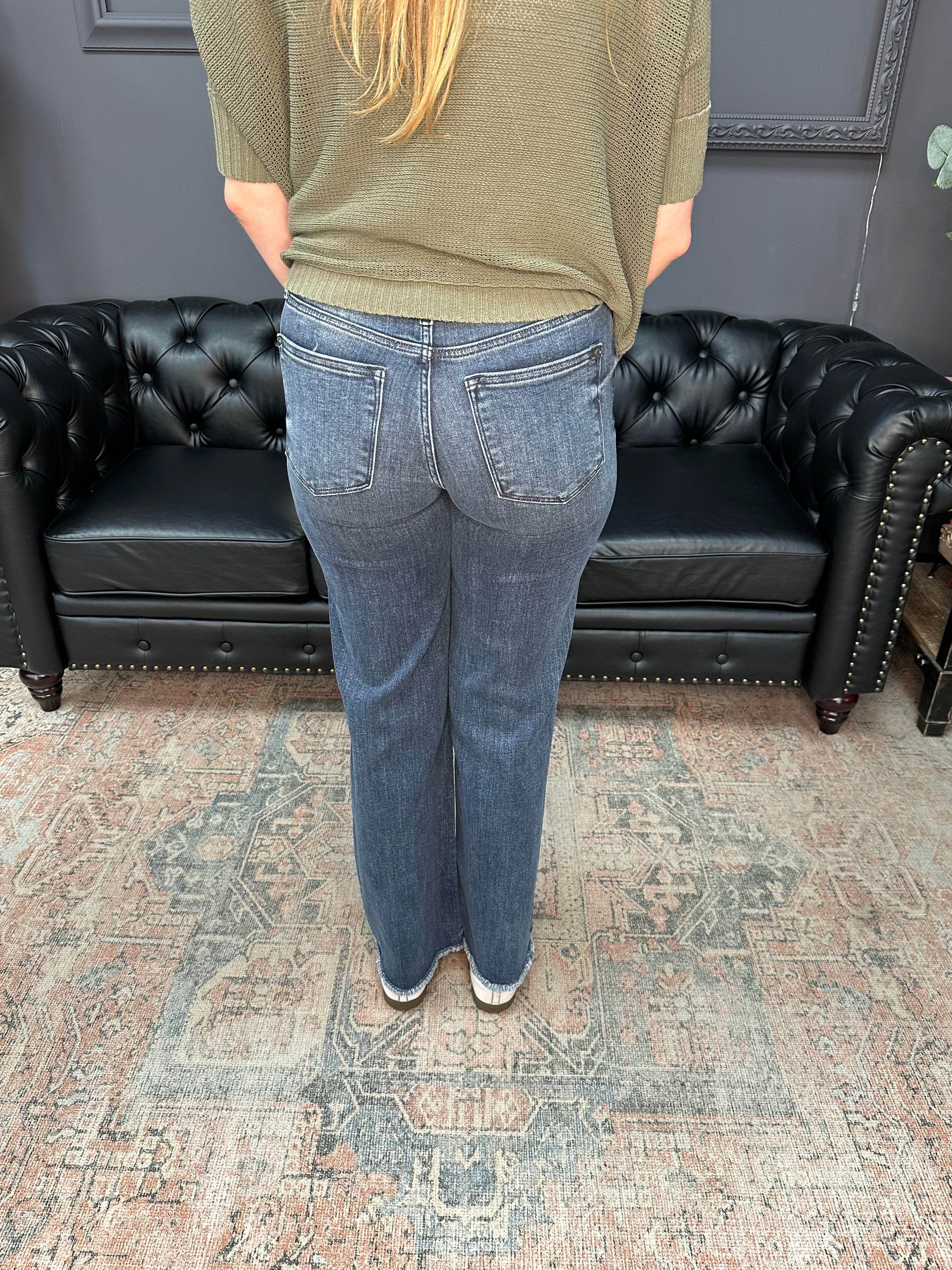 Judy Blue Mid Rise Wide Leg Jeans with tint finish and raw hem, 32 ½ inch inseam