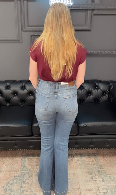 Judy Blue jeans, tummy control jeans, high waist flare jeans, 33 inseam denim, double button waistband, women’s flare jeans, petite jeans option
