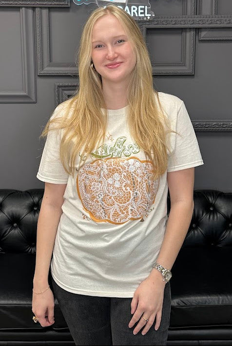 pumpkin graphic tee, fall t-shirt, lace pumpkin shirt, boutique fall tee, autumn graphic tee, lightweight t-shirt, neutral fall top, soft cotton tee, women’s fall fashion, cozy fall outfit