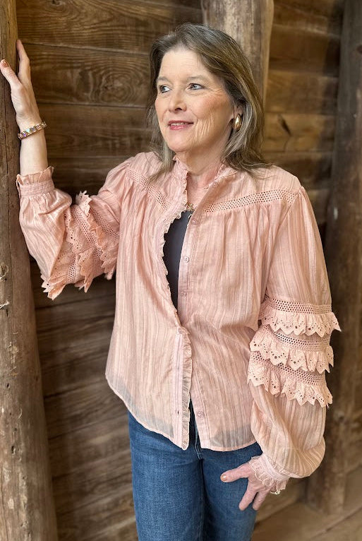 Lace Ruffle Sleeve Pintuck Blouse
