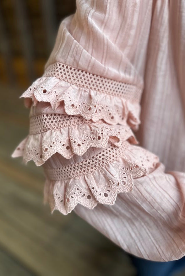 Lace Ruffle Sleeve Pintuck Blouse