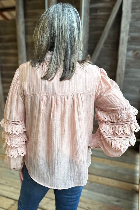 Lace Ruffle Sleeve Pintuck Blouse