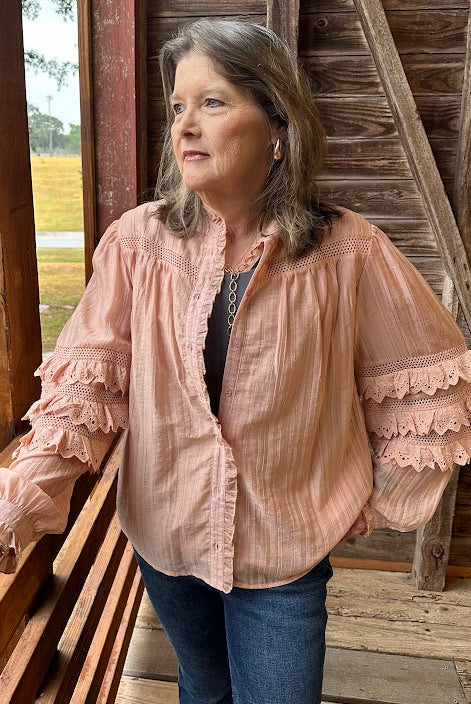 Lace Ruffle Sleeve Pintuck Blouse