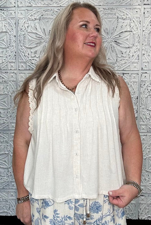 Lace Trim Pintuck Sleeveless Button Front Top