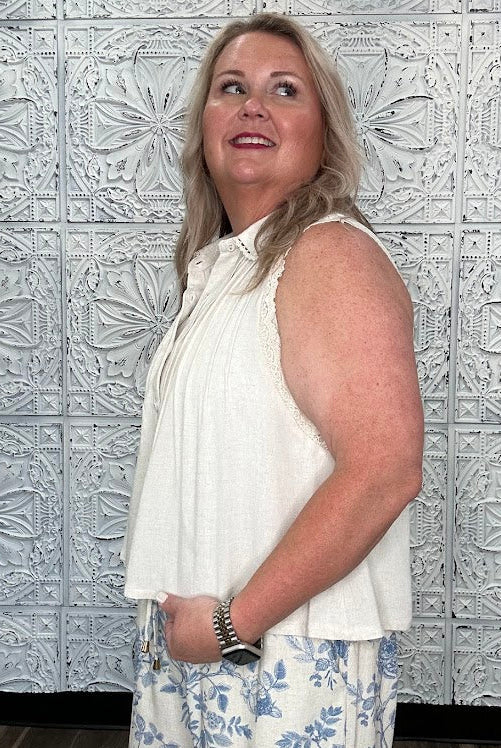 Lace Trim Pintuck Sleeveless Button Front Top