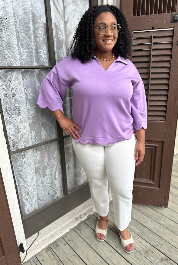curvy v neck top, scalloped hem top, 3/4 sleeve women’s top, stretchy everyday top, curvy casual blouse