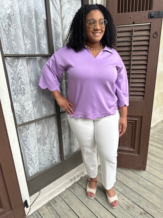 curvy v neck top, scalloped hem top, 3/4 sleeve women’s top, stretchy everyday top, curvy casual blouse