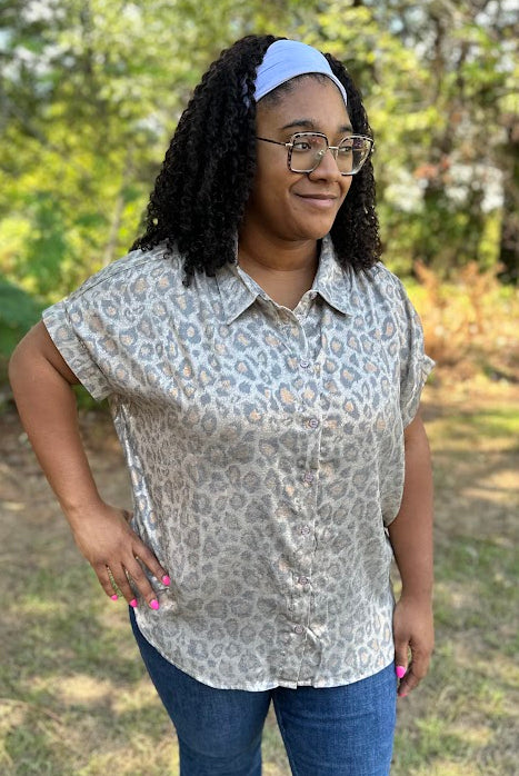 Leopard Print Collared Button-Up Top