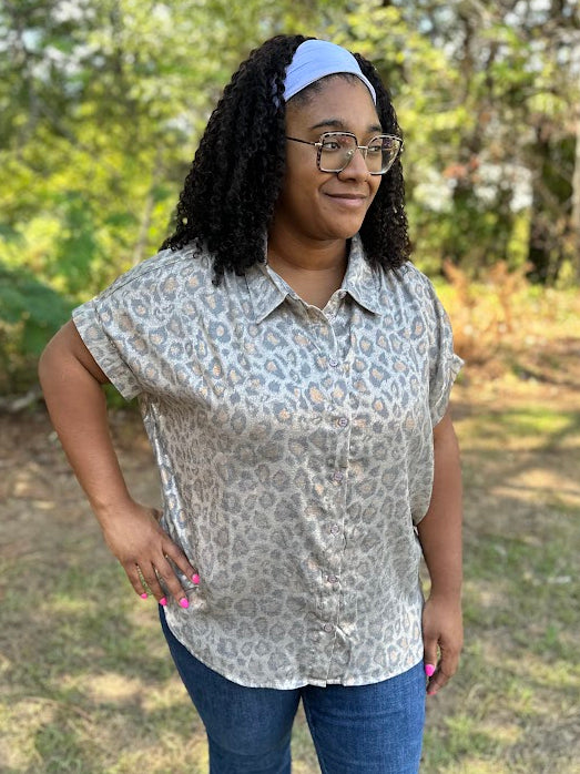 Leopard Print Collared Button-Up Top