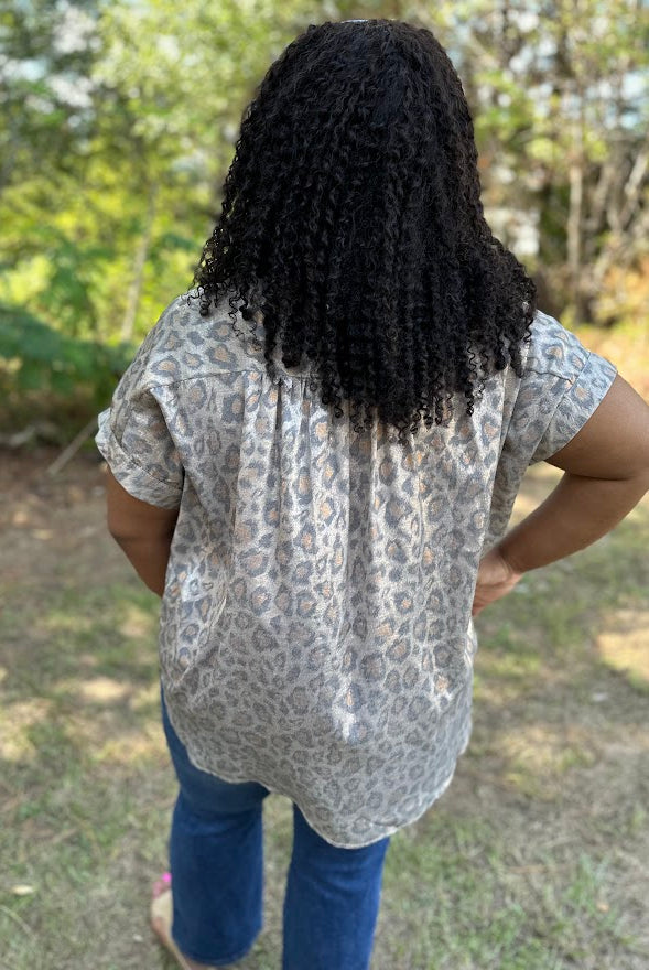 Leopard Print Collared Button-Up Top