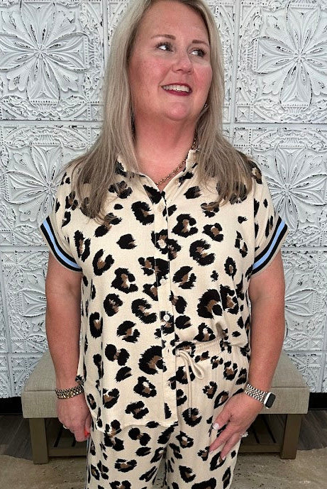 Leopard Print Contrast Band Button Down Top