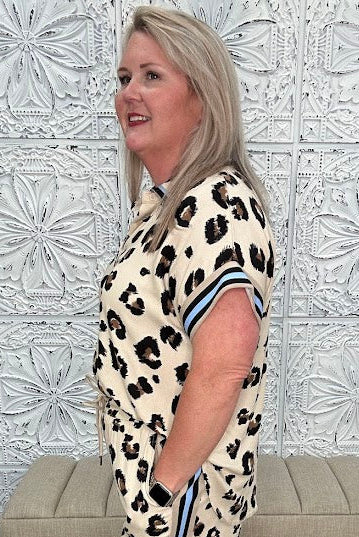 Leopard Print Contrast Band Button Down Top