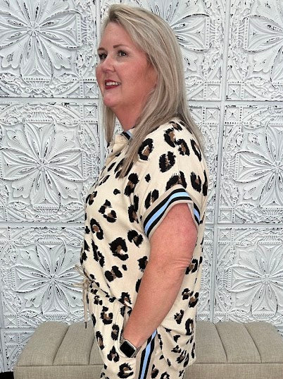 Leopard Print Contrast Band Button Down Top