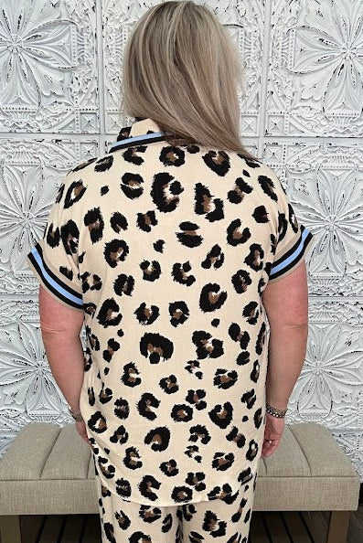 Leopard Print Contrast Band Button Down Top