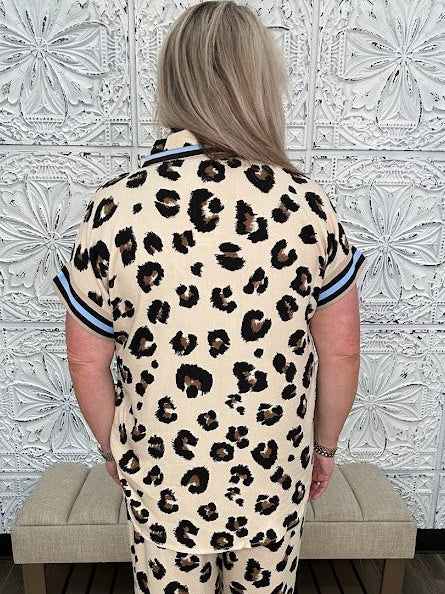 Leopard Print Contrast Band Button Down Top