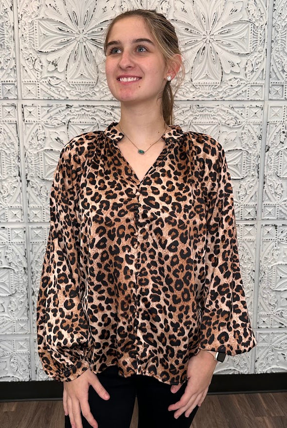 Leopard Print Satin Button Front Blouse