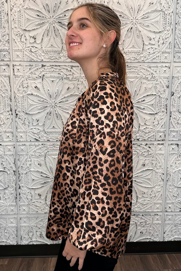 Leopard Print Satin Button Front Blouse