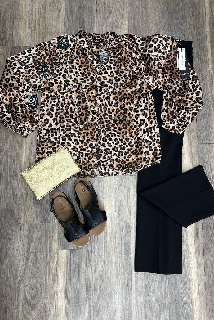 Leopard Print Satin Button Front Blouse