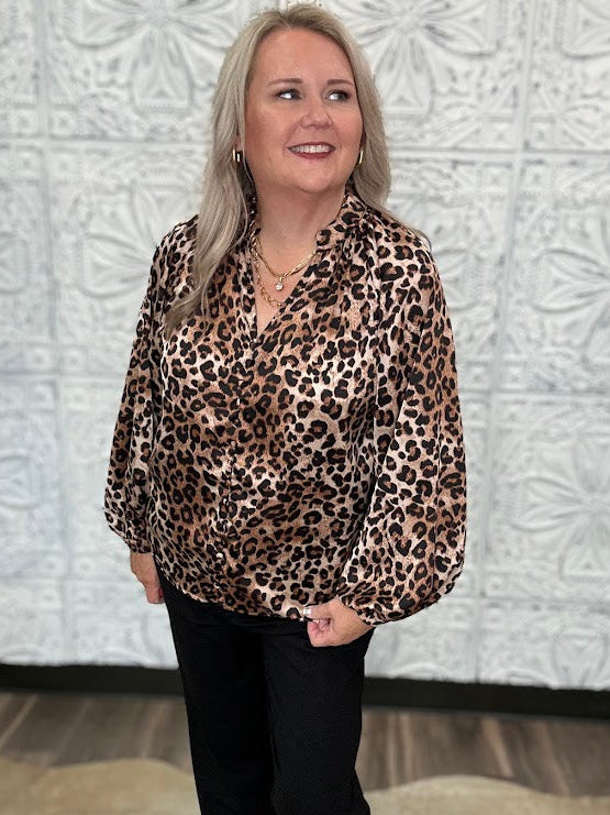 Leopard Print Satin Button Front Blouse