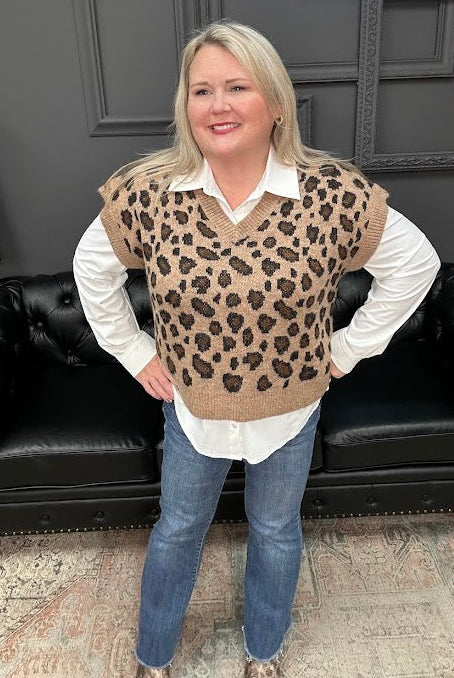 leopard sweater vest, v-neck sweater vest, knit vest top, animal print vest, wool blend vest, layering vest women, fall sweater vest, Gypsy River top, leopard knit top