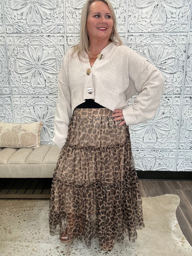 Leopard Print Tiered Tulle Midi Skirt