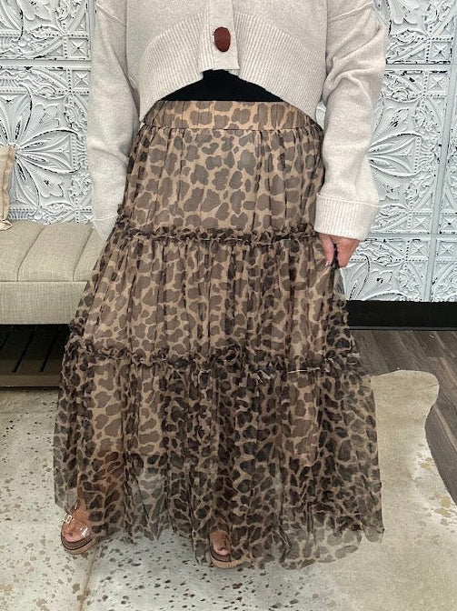 Leopard Print Tiered Tulle Midi Skirt