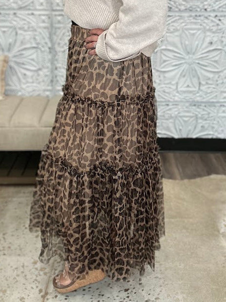 Leopard Print Tiered Tulle Midi Skirt