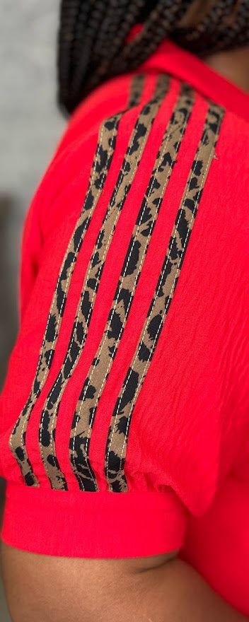 Leopard Trim Collared Split Neck Top
