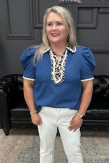 denim puff sleeve top, leopard trim blouse, scallop trim denim top, boutique cotton blouse, statement sleeve top