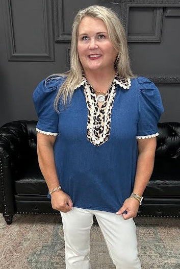 denim puff sleeve top, leopard trim blouse, scallop trim denim top, boutique cotton blouse, statement sleeve top