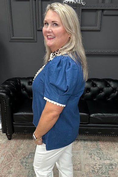 denim puff sleeve top, leopard trim blouse, scallop trim denim top, boutique cotton blouse, statement sleeve top