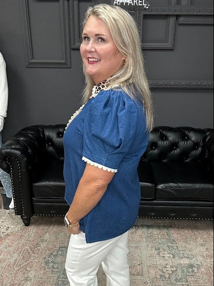 denim puff sleeve top, leopard trim blouse, scallop trim denim top, boutique cotton blouse, statement sleeve top