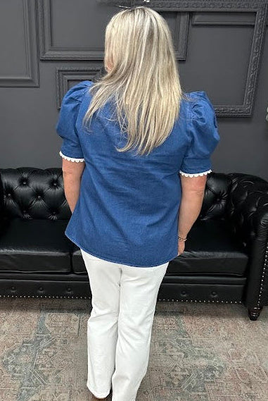 denim puff sleeve top, leopard trim blouse, scallop trim denim top, boutique cotton blouse, statement sleeve top
