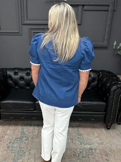 denim puff sleeve top, leopard trim blouse, scallop trim denim top, boutique cotton blouse, statement sleeve top