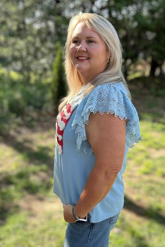 Light Blue American Flag Lace Sleeve Washed Tee