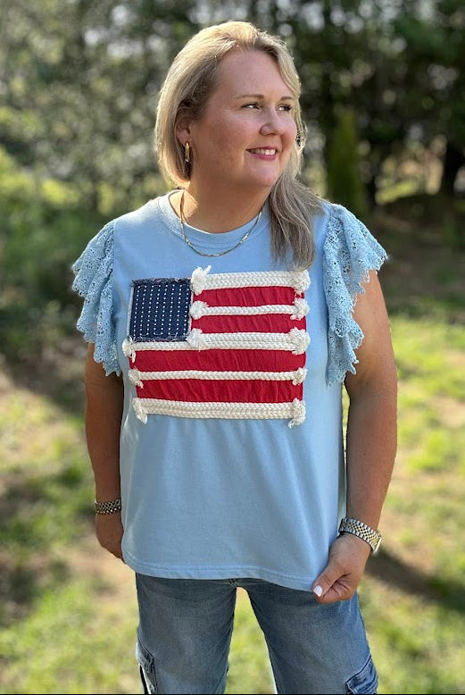 Light Blue American Flag Lace Sleeve Washed Tee
