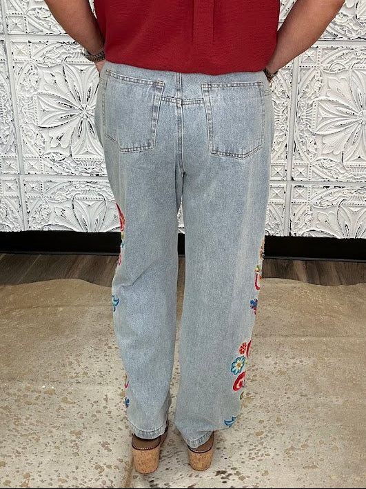 Light Wash Embroidered Floral Wide Leg Denim Pants