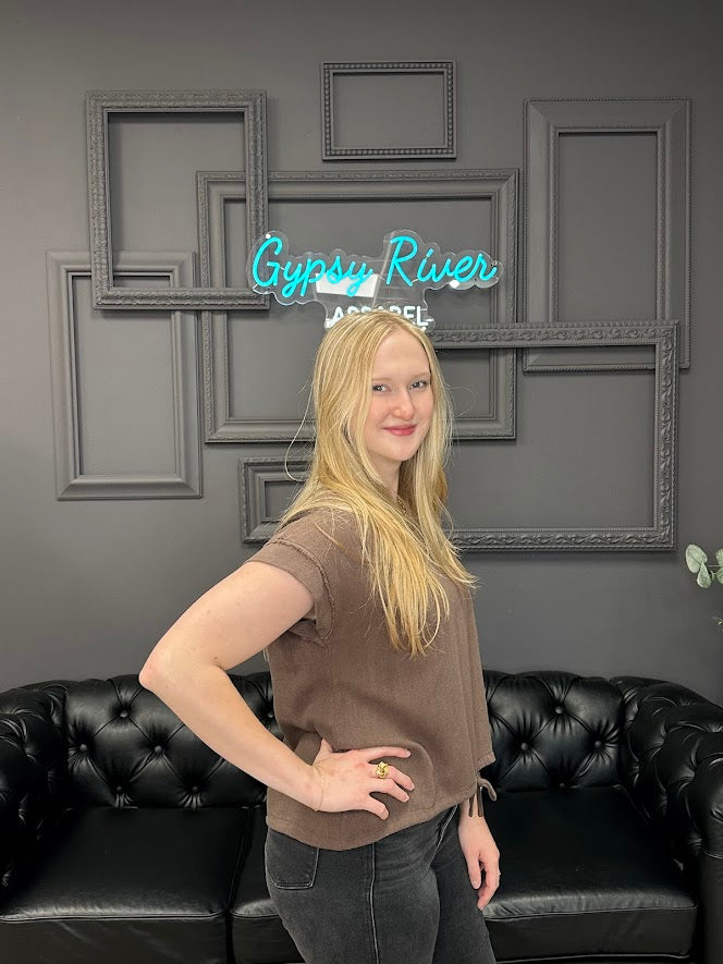 linen blend top, casual blouse, drawstring hem top, relaxed fit shirt, breathable linen top, boutique casual top, short sleeve blouse, neutral summer top, soft lightweight shirt, everyday essentials