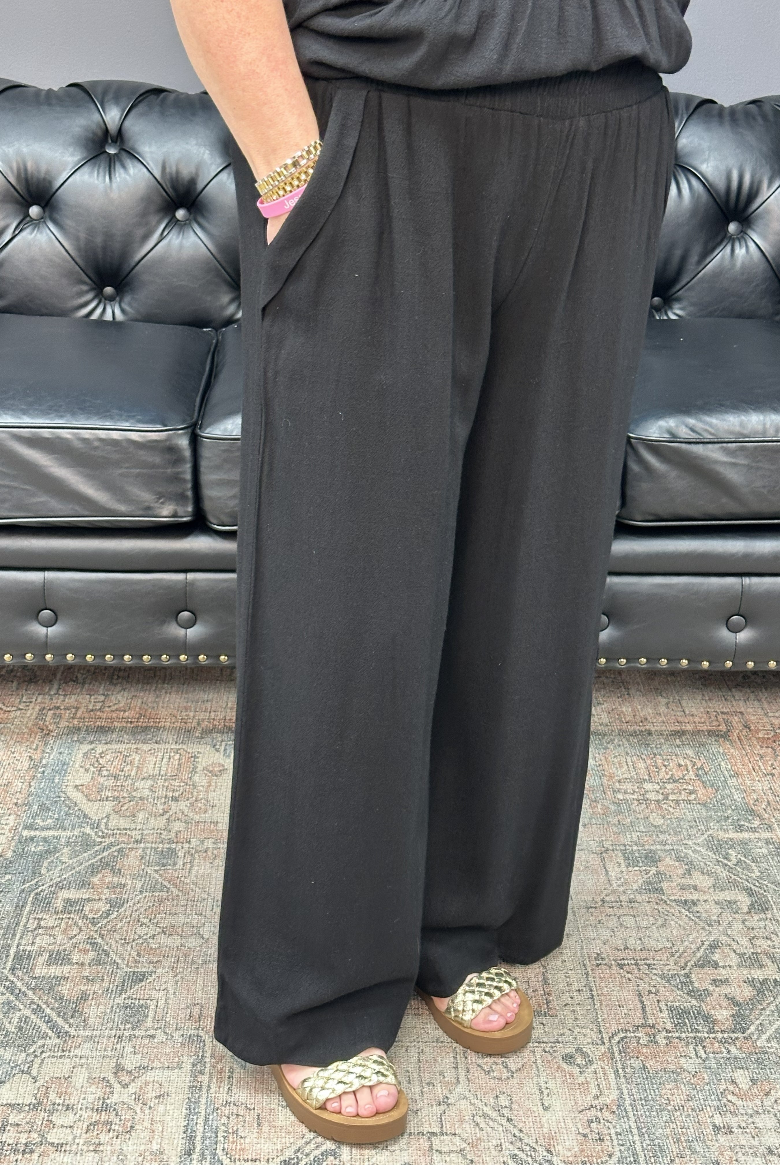 linen wide leg pants, scallop hem pants, black linen blend pants, boutique summer pants, wide leg elastic waist pants, matching set pants