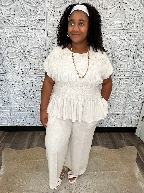 Linen Blend Scallop Hem Wide Leg Pants