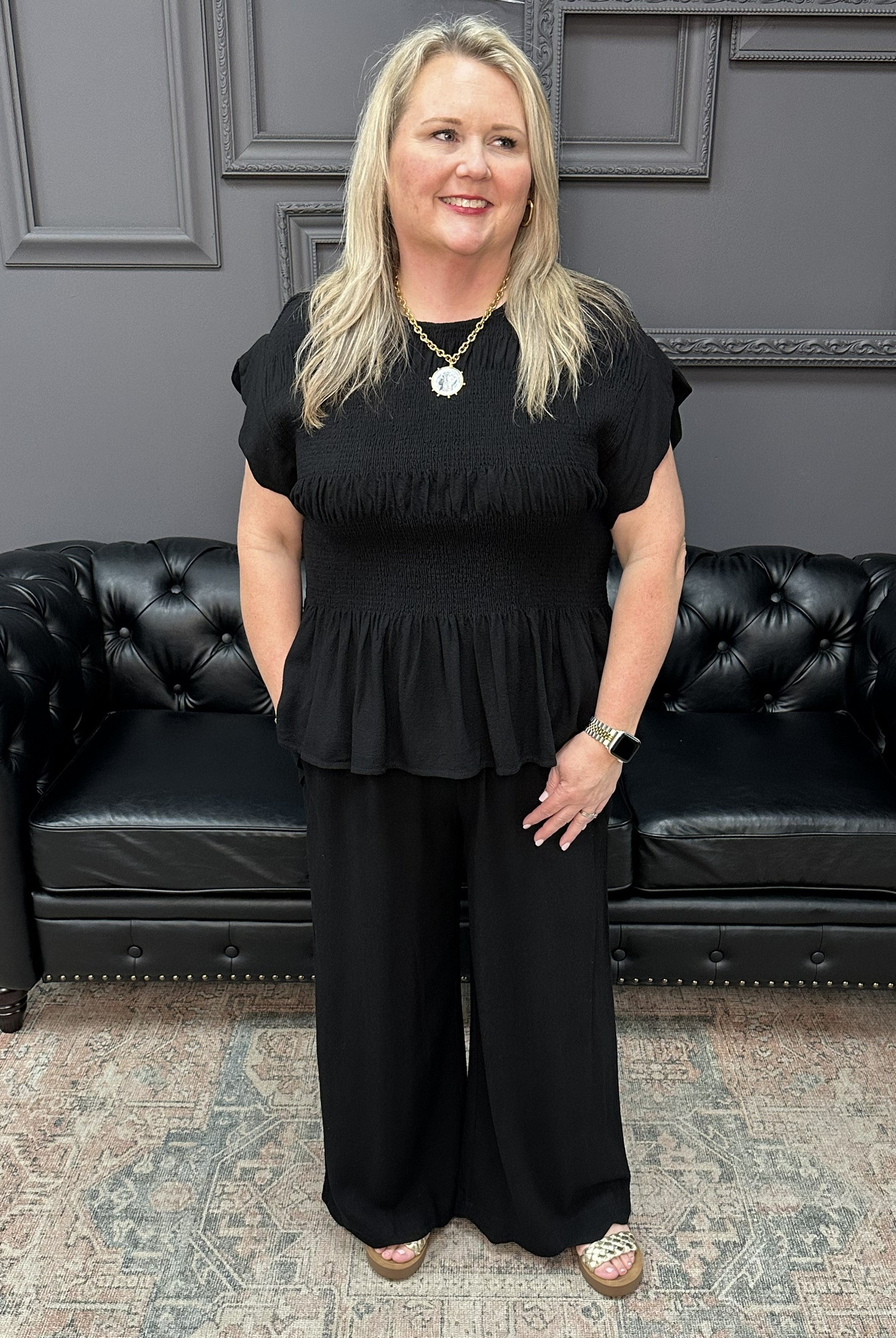 linen smocked peplum top, black linen blouse, scallop sleeve blouse, linen blend peplum top, boutique matching set top, summer linen blouse