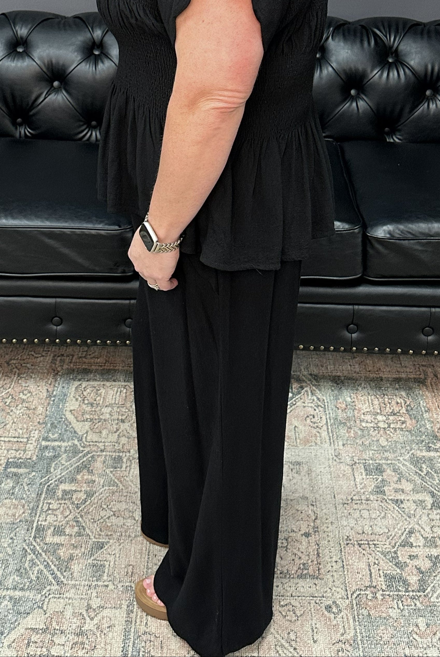 linen wide leg pants, scallop hem pants, black linen blend pants, boutique summer pants, wide leg elastic waist pants, matching set pants