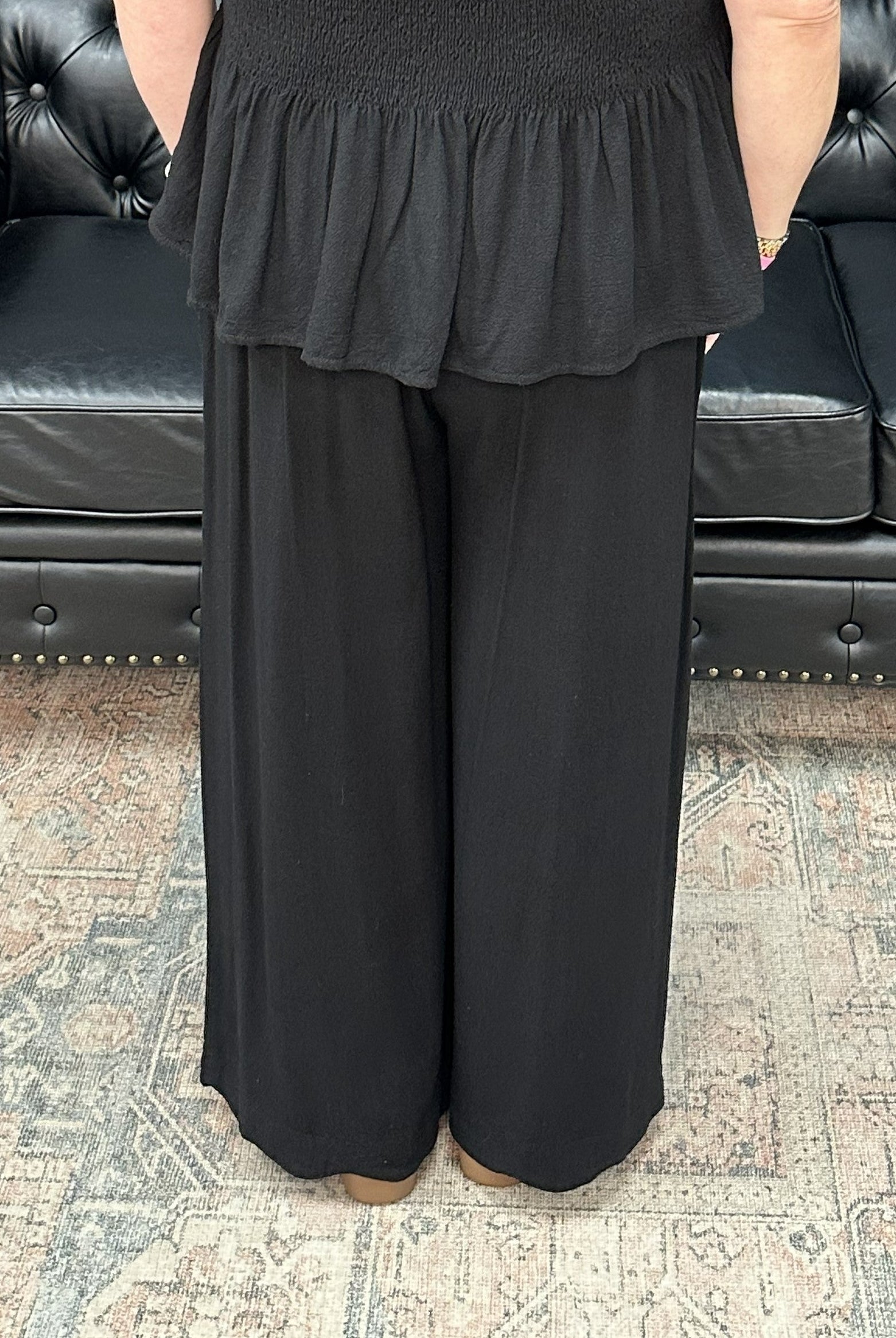 linen wide leg pants, scallop hem pants, black linen blend pants, boutique summer pants, wide leg elastic waist pants, matching set pants