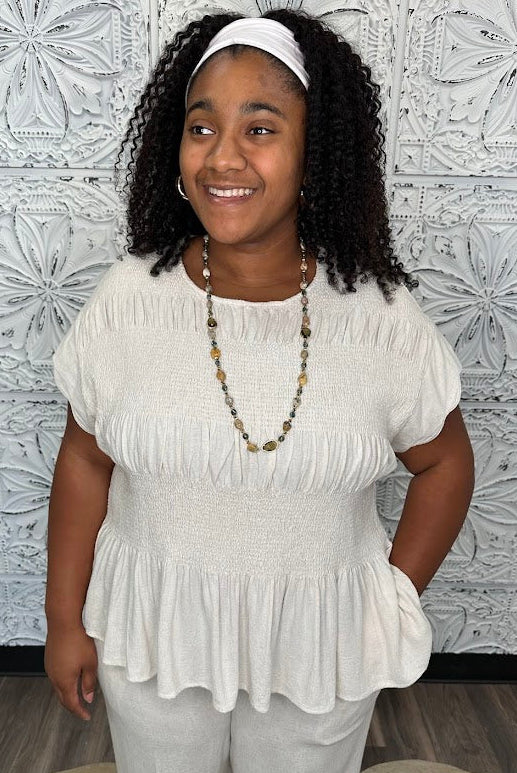 Linen Blend Smocked Peplum Top